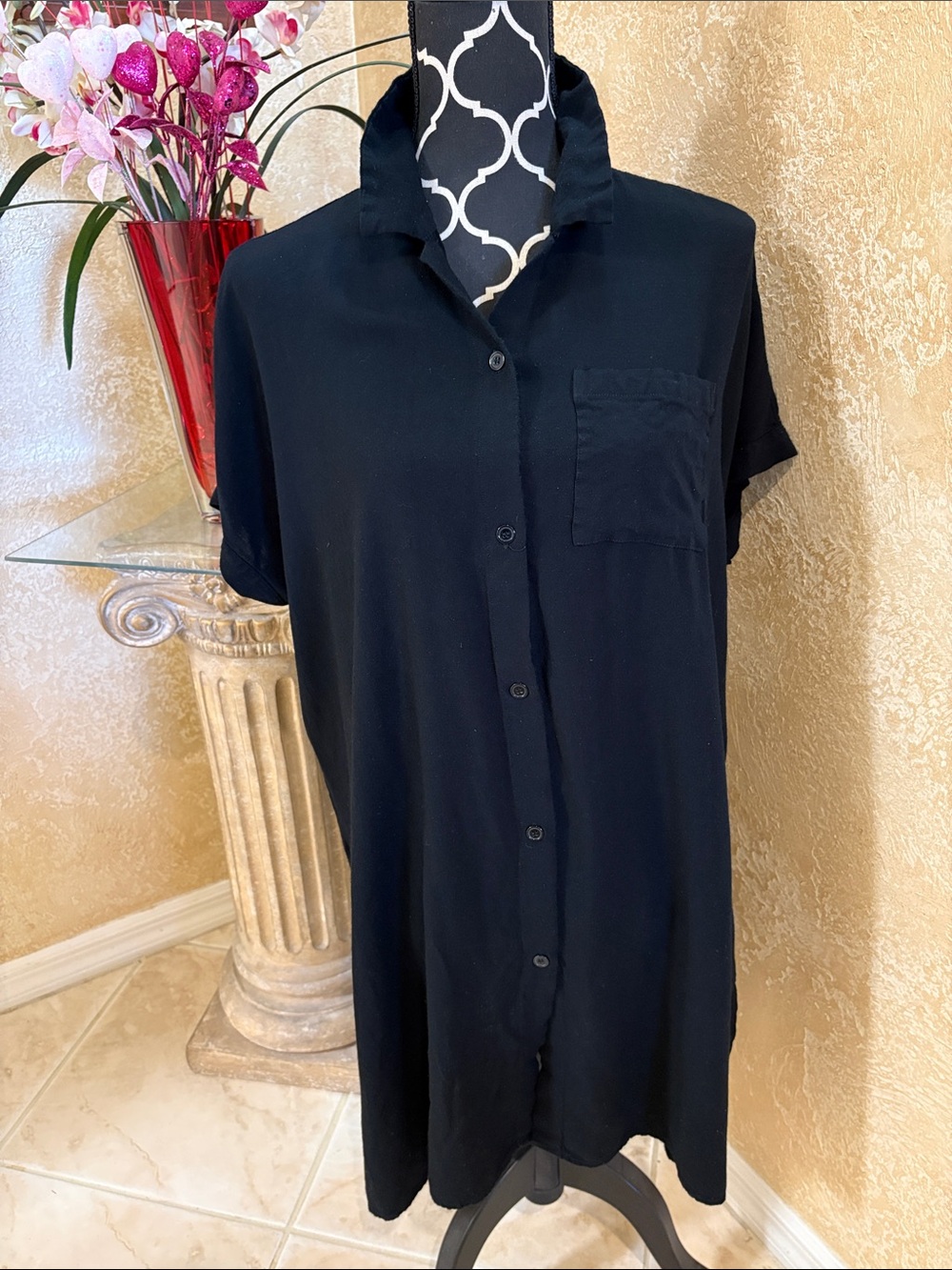 Women Black Short-Sleeve Button-Down Shirt or Swimsuit Cover